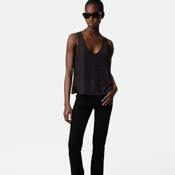 Zadig & Voltaire Carys Rhinestone Embellished Silk Cocktail Black Tank Top Blous - Picture 2 of 10